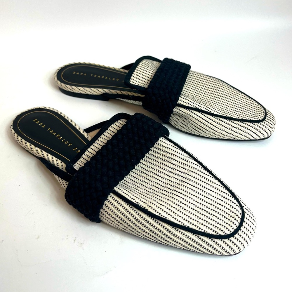 ZARA TRAFALUC Stripped Mules Black & White Flats 39 US 8